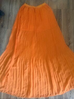 Flowing Orange Pleated Maxi Skirt for Women